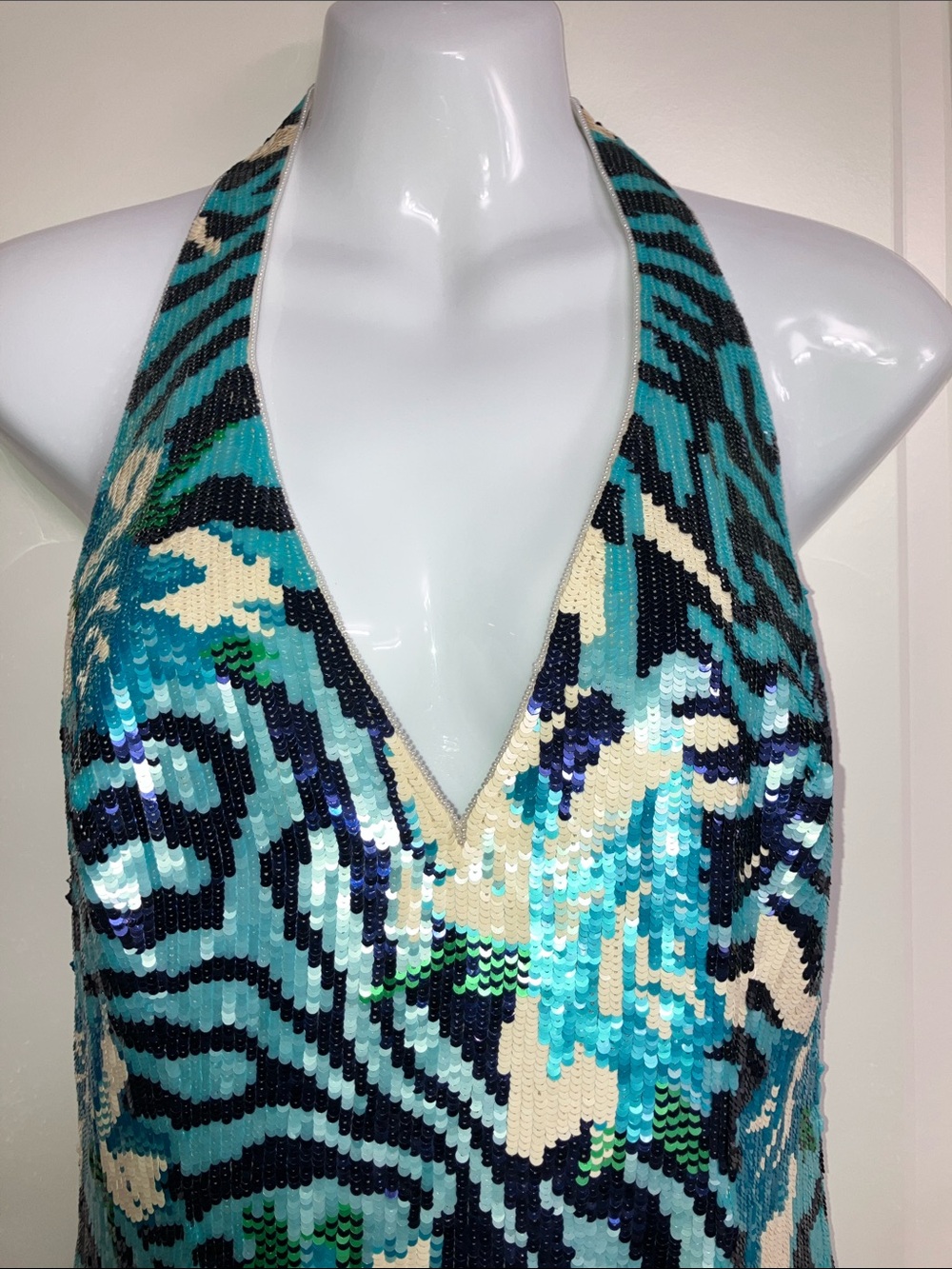 NWT Escada 38 Sequin Dress 8 turquoise white green navy